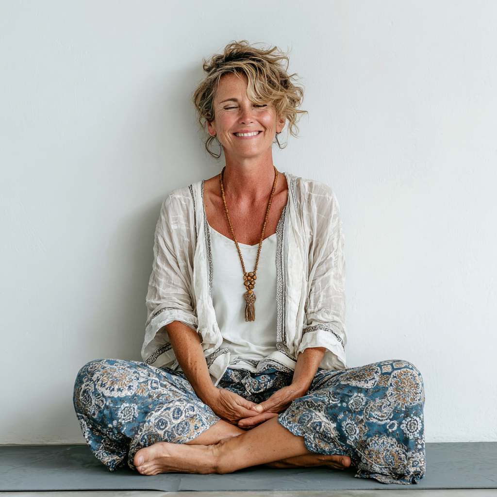 Жінка віком 55 років у комфортній позі лотоса на килимку для йоги, посміхається та виглядає розслабленою в світлій студії