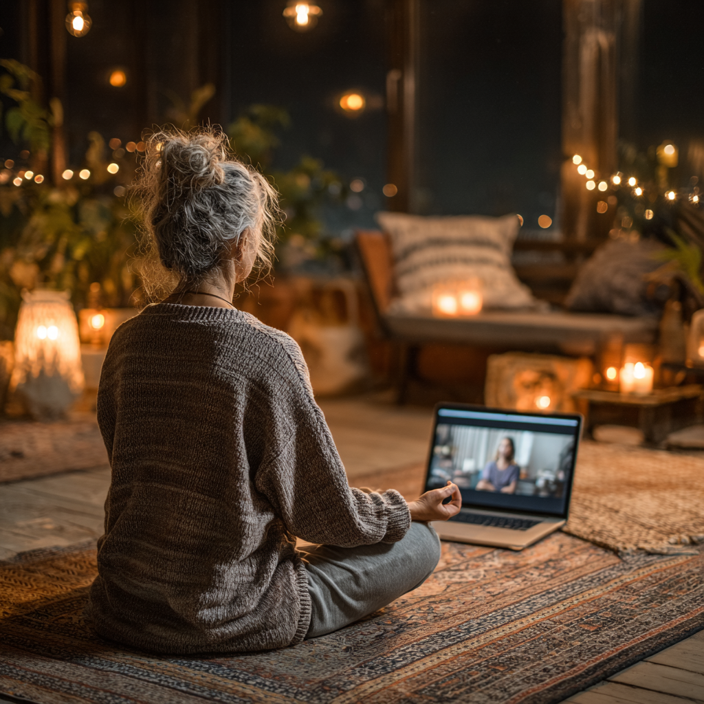 Жінка віком 52 років практикує йогу вдома перед ноутбуком, на екрані видно інструктора, атмосфера затишного дому