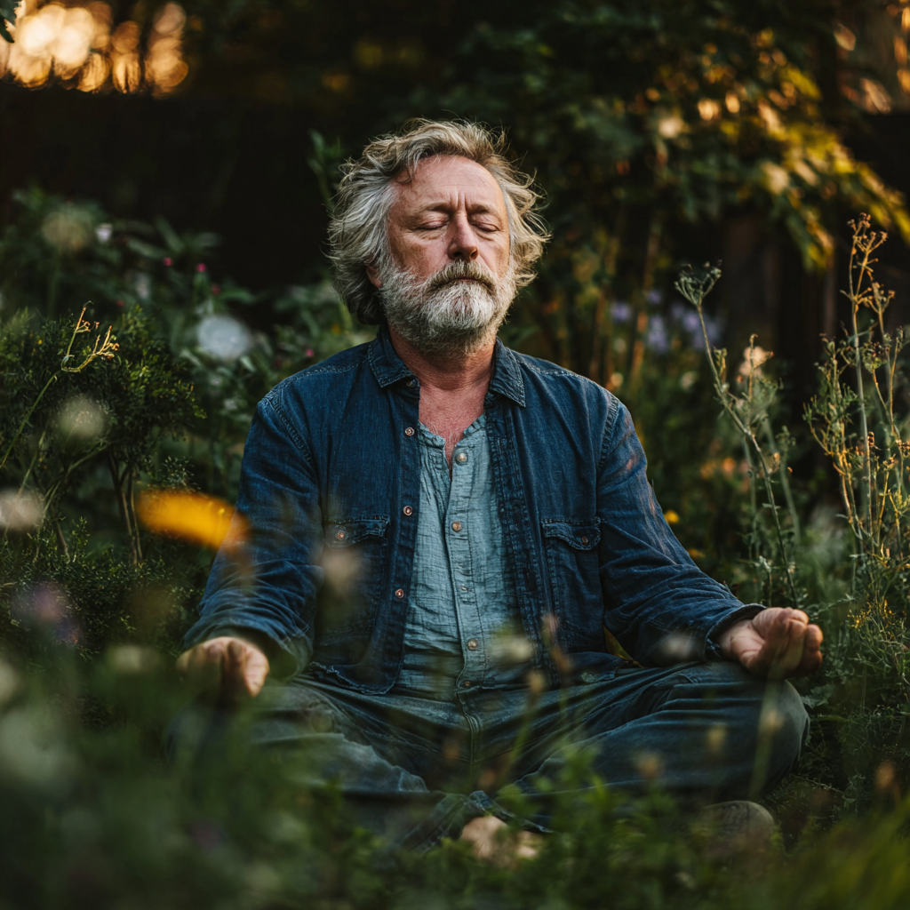 Чоловік віком 58 років сидить в медитативній позі на природі, оточений зеленню, з виразом умиротворення на обличчі
